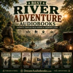 Best River Adventure Audiobooks cover featuring a jungle river, canoe, steamboat, explorer, and classic adventure audiobooks