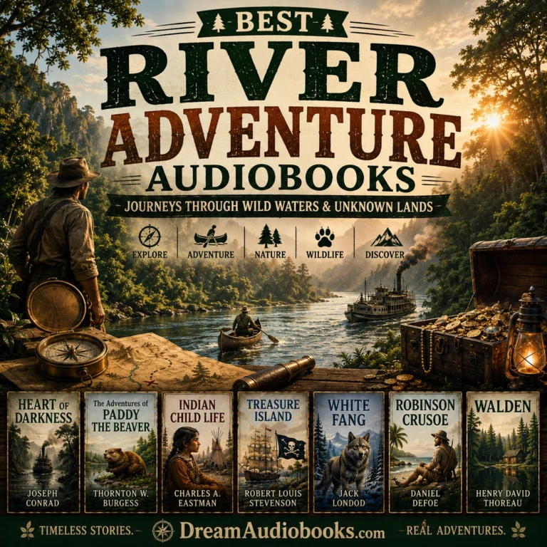 Best River Adventure Audiobooks cover featuring a jungle river, canoe, steamboat, explorer, and classic adventure audiobooks