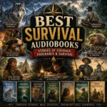 Best Survival Audiobooks cover featuring White Fang, Treasure Island, Heart of Darkness, wilderness survival, exploration, and adventure classics