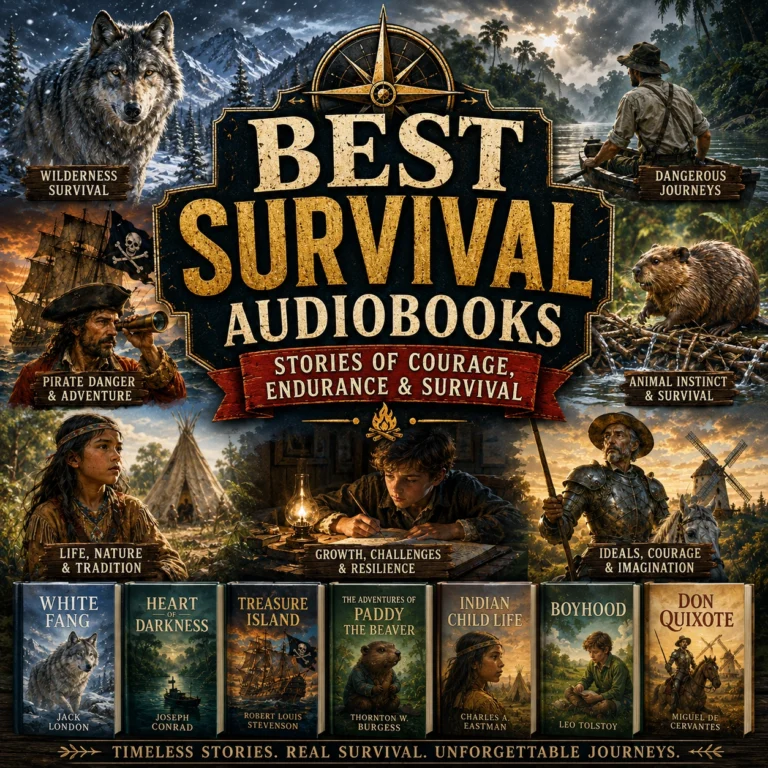 Best Survival Audiobooks cover featuring White Fang, Treasure Island, Heart of Darkness, wilderness survival, exploration, and adventure classics