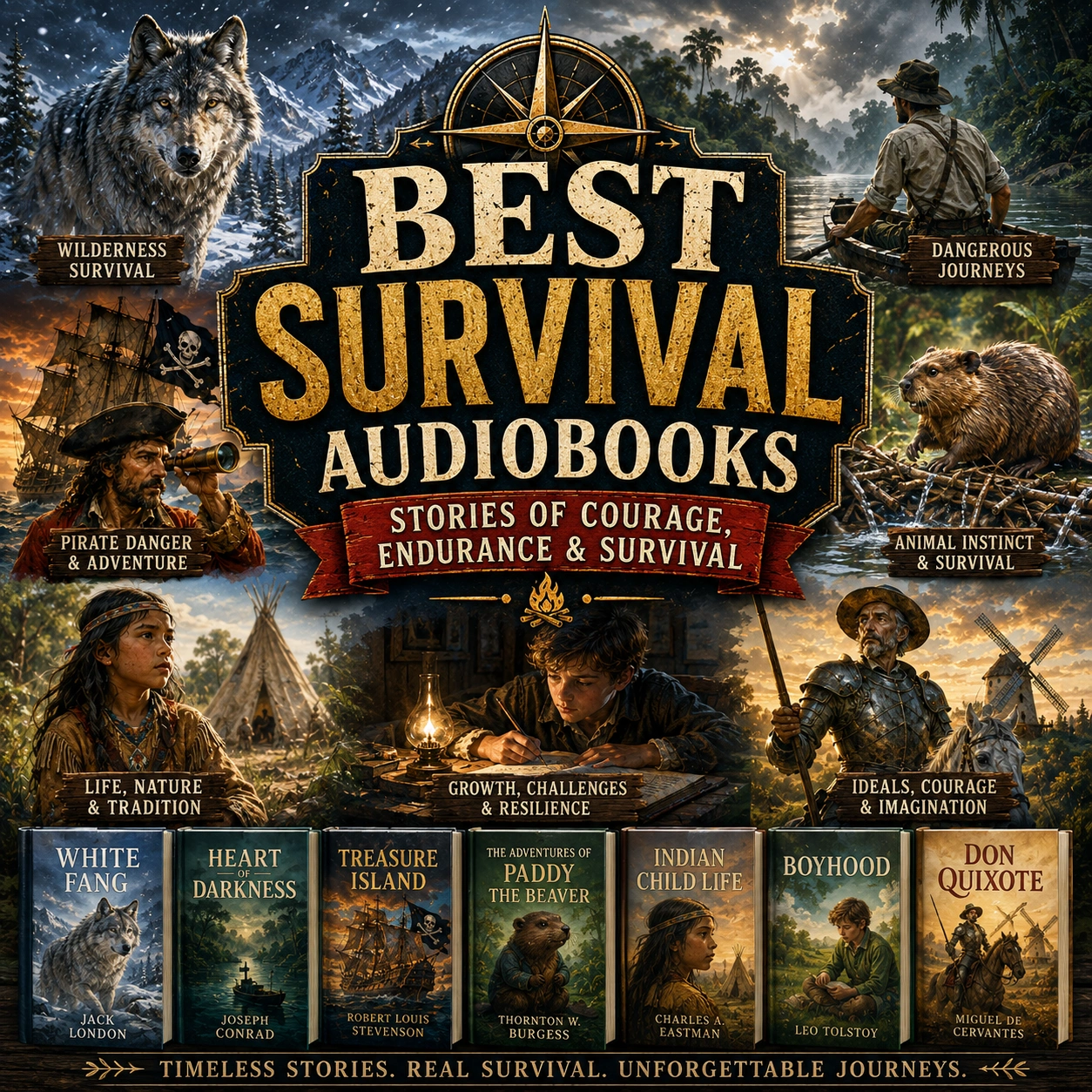 Best Survival Audiobooks cover featuring White Fang, Treasure Island, Heart of Darkness, wilderness survival, exploration, and adventure classics