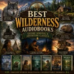 Best Wilderness Audiobooks cover featuring White Fang, Walden, Treasure Island, forests, mountains, wildlife, and outdoor adventure classics