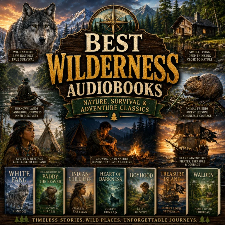 Best Wilderness Audiobooks cover featuring White Fang, Walden, Treasure Island, forests, mountains, wildlife, and outdoor adventure classics