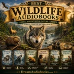 Best Wildlife Audiobooks cover featuring a wolf, beaver, deer, forest river, mountains, and classic animal adventure audiobooks