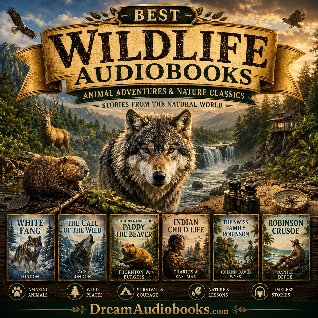 Best Wildlife Audiobooks cover featuring a wolf, beaver, deer, forest river, mountains, and classic animal adventure audiobooks