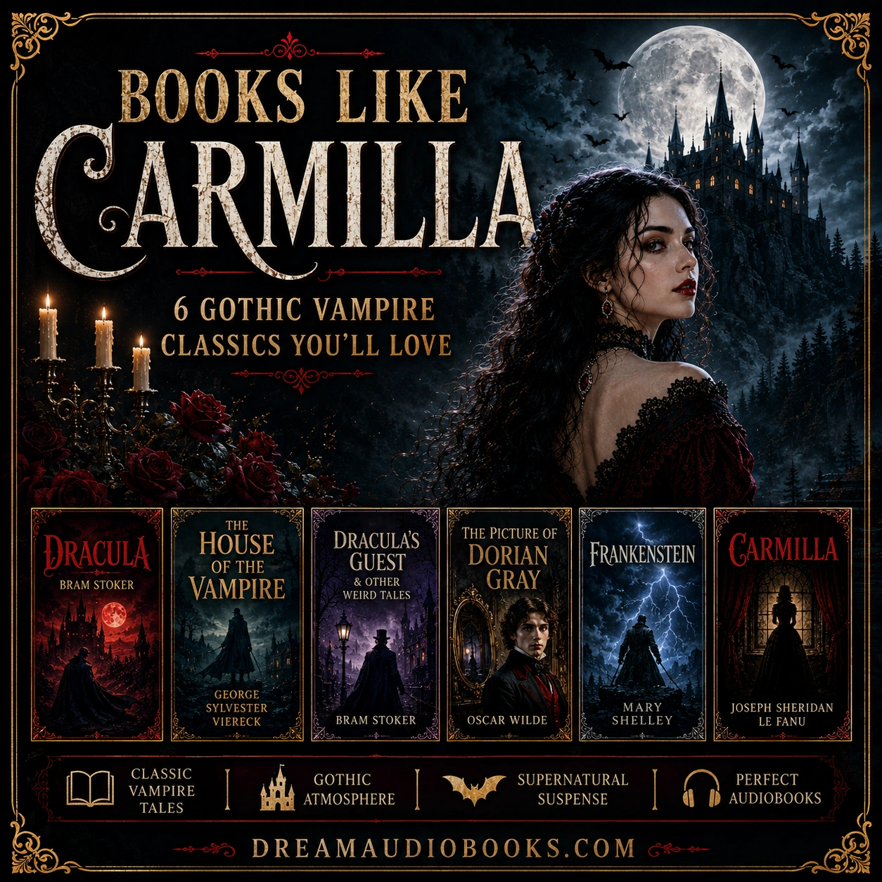 Books Like Carmilla featuring Dracula, The House of the Vampire, Dracula's Guest, The Picture of Dorian Gray, and Frankenstein gothic audiobook recommendations.