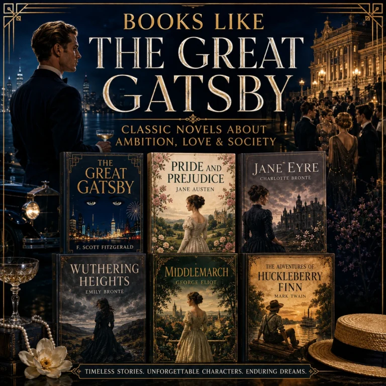 Books Like The Great Gatsby featuring Pride and Prejudice, Jane Eyre, Wuthering Heights, Middlemarch, and The Adventures of Huckleberry Finn