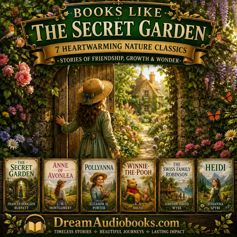 Books Like The Secret Garden cover featuring a hidden garden gate, blooming flowers, cottage pathway, and classic children's nature books