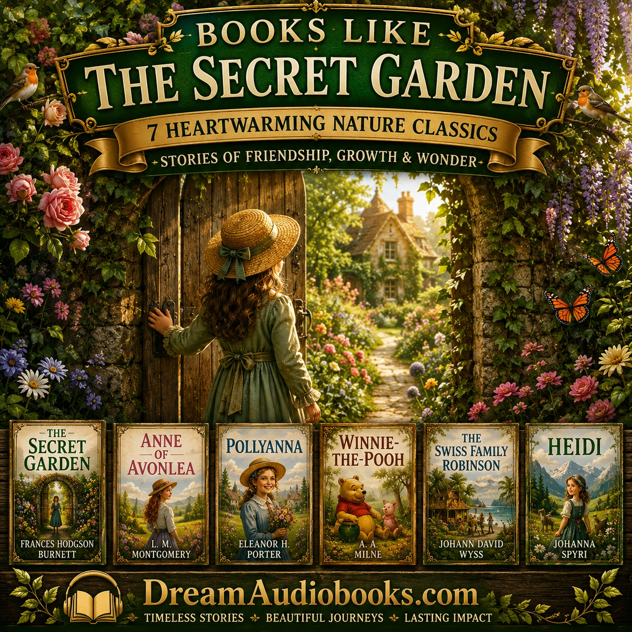 Books Like The Secret Garden cover featuring a hidden garden gate, blooming flowers, cottage pathway, and classic children's nature books