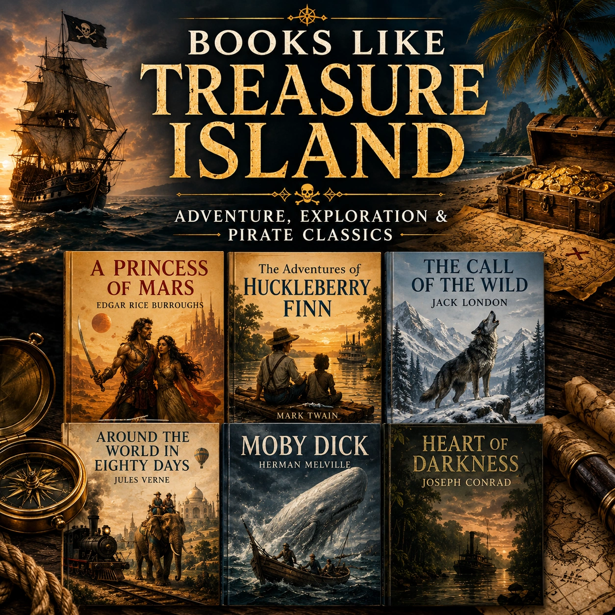 Books Like Treasure Island featuring A Princess of Mars, The Adventures of Huckleberry Finn, The Call of the Wild, Around the World in Eighty Days, Moby Dick, and Heart of Darkness