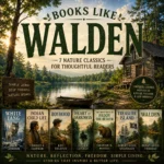 Books Like Walden cover featuring a lakeside cabin, forest landscape, White Fang, Walden, and classic nature audiobooks