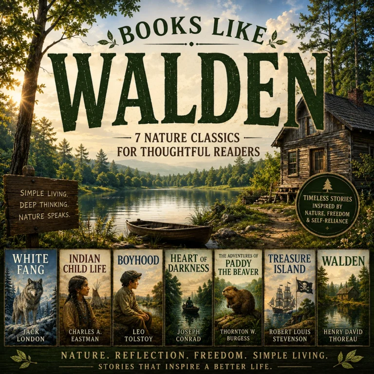 Books Like Walden cover featuring a lakeside cabin, forest landscape, White Fang, Walden, and classic nature audiobooks
