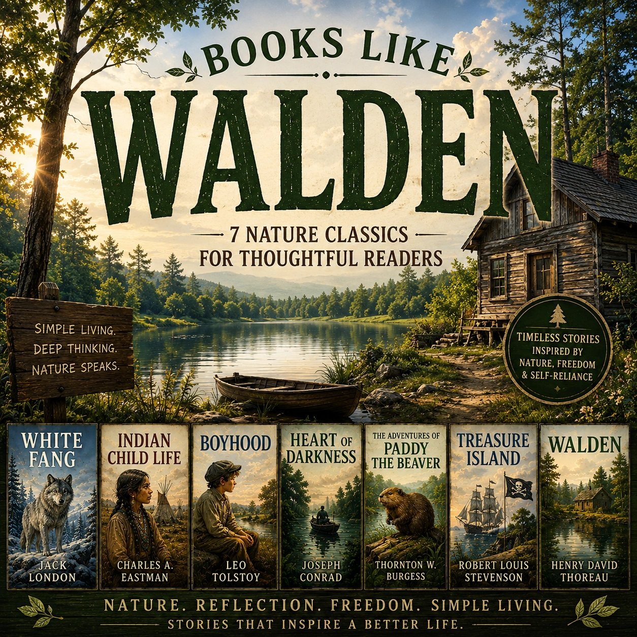 Books Like Walden cover featuring a lakeside cabin, forest landscape, White Fang, Walden, and classic nature audiobooks