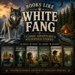 Books Like White Fang cover featuring a wolf, mountain wilderness, forest camp, and classic adventure audiobooks including Treasure Island, Walden, and Heart of Darkness