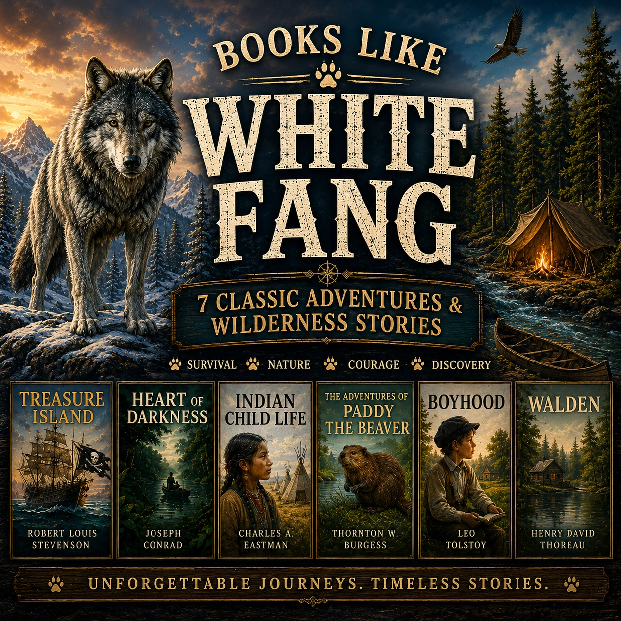 Books Like White Fang cover featuring a wolf, mountain wilderness, forest camp, and classic adventure audiobooks including Treasure Island, Walden, and Heart of Darkness