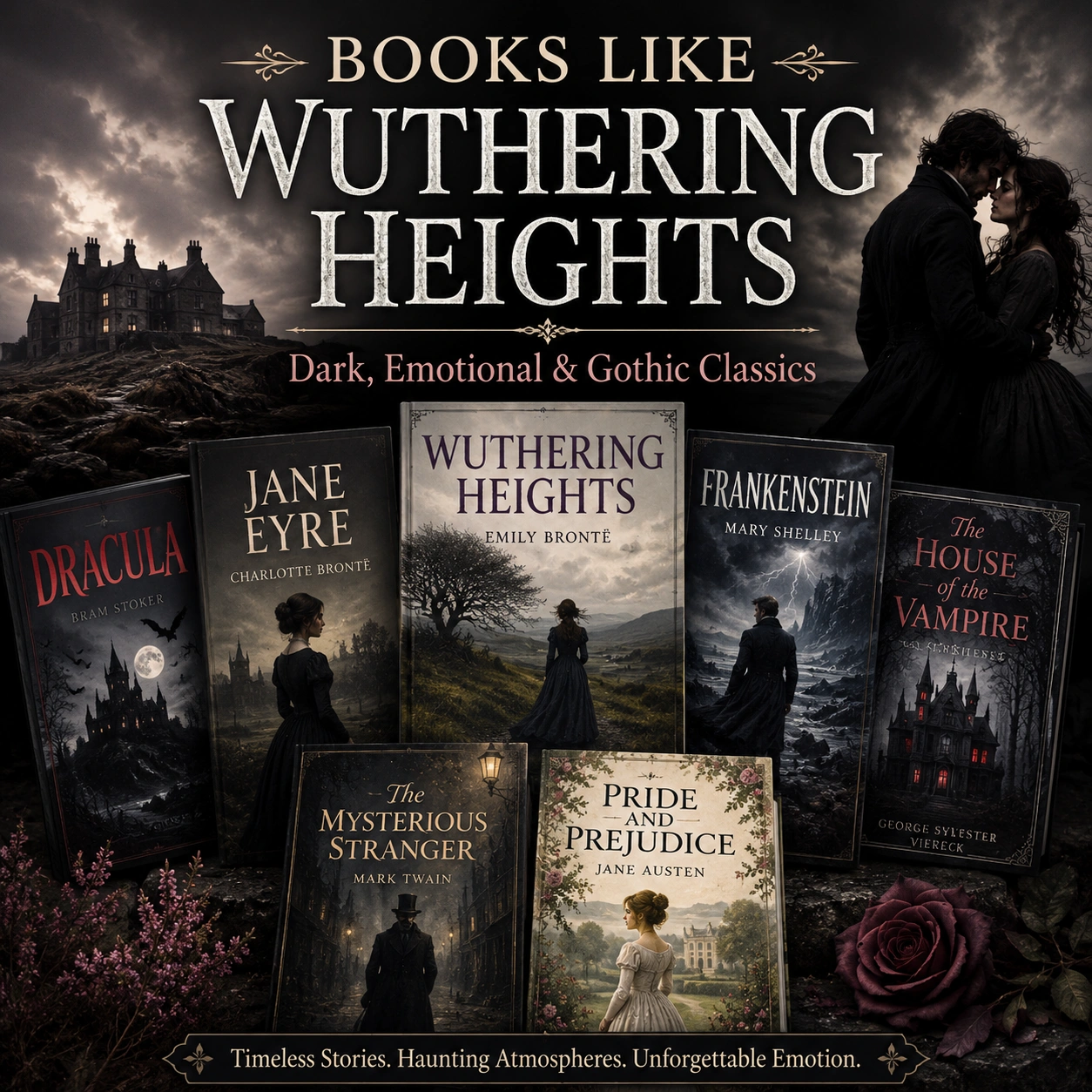 Books Like Wuthering Heights featuring Jane Eyre, Dracula, Frankenstein, The House of the Vampire, The Mysterious Stranger, and Pride and Prejudice