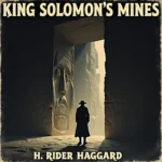 King Solomon's Mines audiobook cover featuring a mysterious explorer standing before a massive ancient stone doorway carved with giant faces inside a hidden underground chamber.