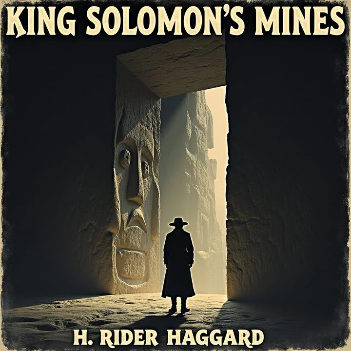 King Solomon's Mines audiobook cover featuring a mysterious explorer standing before a massive ancient stone doorway carved with giant faces inside a hidden underground chamber.