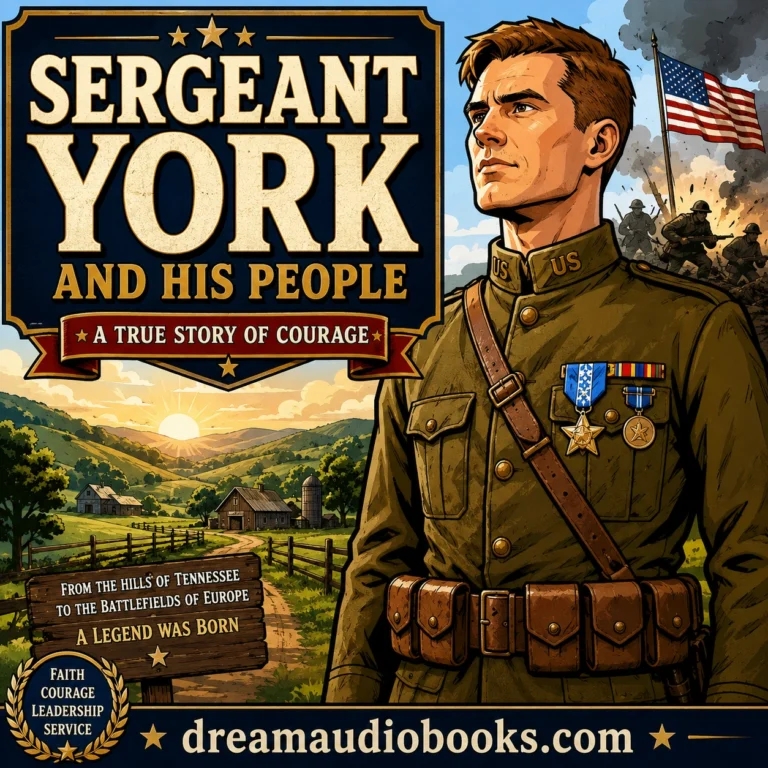 Sergeant York and His People audiobook cover featuring a heroic World War I soldier, Tennessee countryside, battlefield scene, and inspiring historical atmosphere.