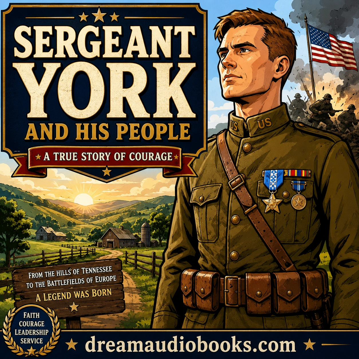 Sergeant York and His People audiobook cover featuring a heroic World War I soldier, Tennessee countryside, battlefield scene, and inspiring historical atmosphere.