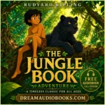 The Jungle Book audiobook cover featuring Mowgli in the jungle surrounded by Baloo the bear and Bagheera the panther