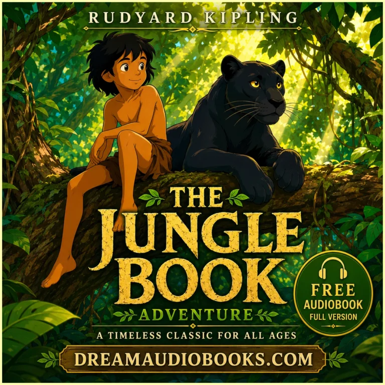The Jungle Book audiobook cover featuring Mowgli in the jungle surrounded by Baloo the bear and Bagheera the panther