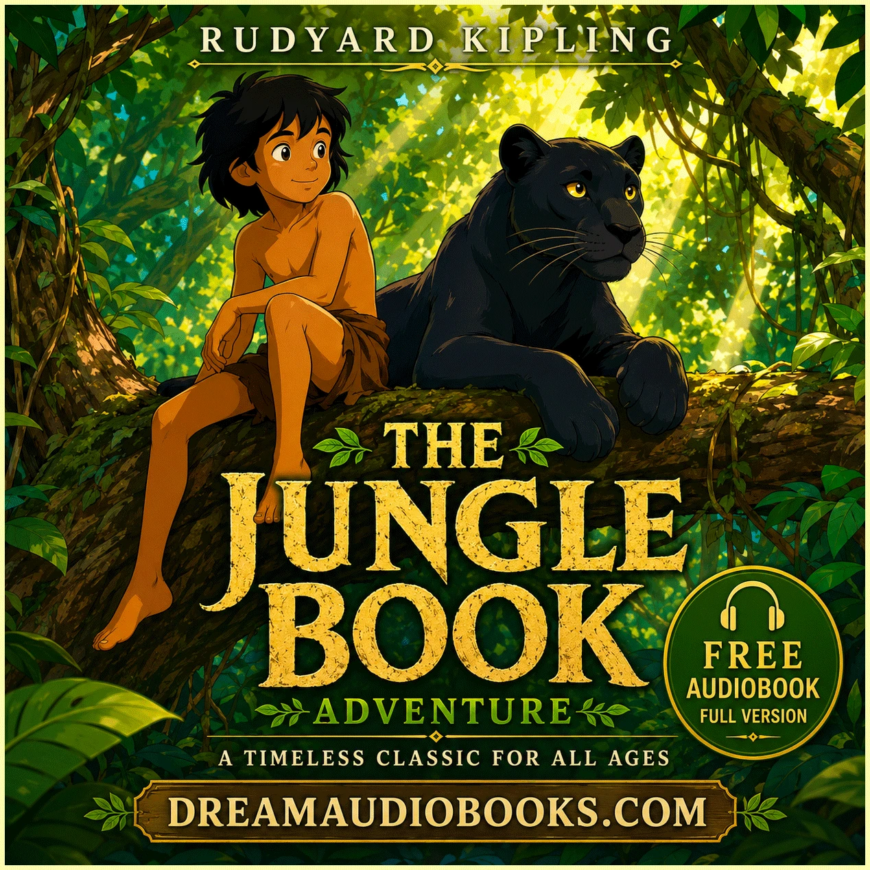 The Jungle Book audiobook cover featuring Mowgli in the jungle surrounded by Baloo the bear and Bagheera the panther