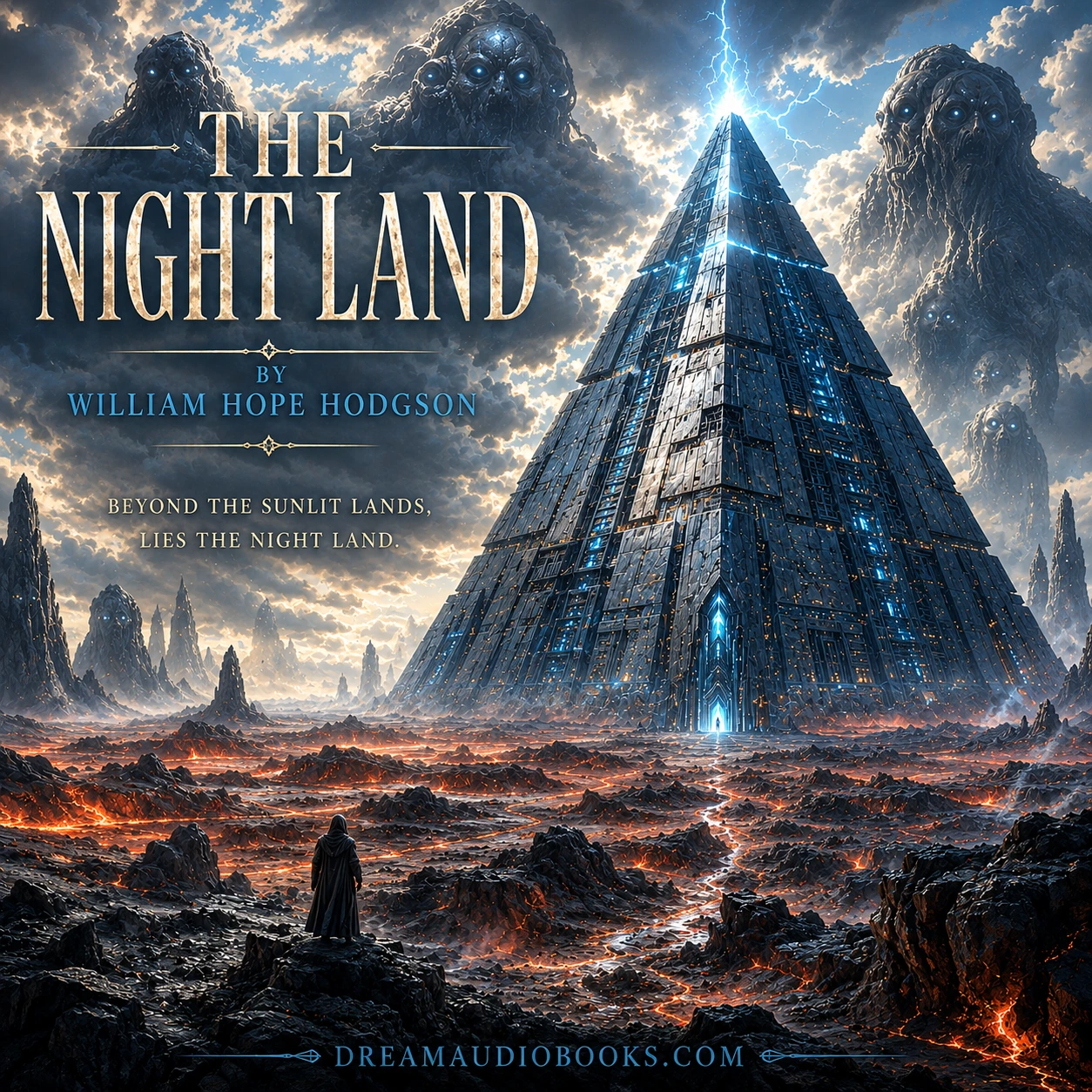 The Night Land Audiobook cover showing the Last Redoubt in a dark cosmic wasteland