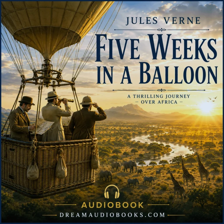 Five Weeks in a Balloon Over Africa audiobook cover by Jules Verne featuring a Victorian hot air balloon flying over the African savanna at sunrise.