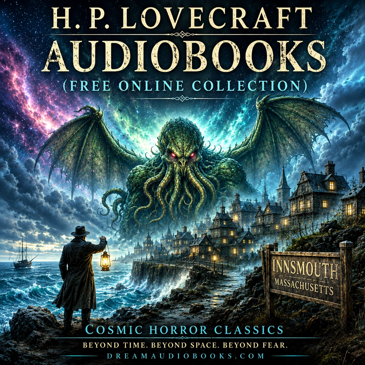 H. P. Lovecraft Audiobooks Free Online Collection featuring The Colour Out of Space, At the Mountains of Madness, and The Shadow Over Innsmouth
