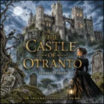 The Castle of Otranto audiobook cover featuring a Gothic medieval castle, mysterious noblewoman with lantern, stormy night, and haunted atmosphere by Horace Walpole.