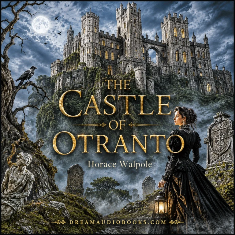 The Castle of Otranto audiobook cover featuring a Gothic medieval castle, mysterious noblewoman with lantern, stormy night, and haunted atmosphere by Horace Walpole.