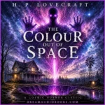 The Colour Out of Space Audiobook cover featuring a mysterious cosmic entity above a haunted farmhouse by H. P. Lovecraft