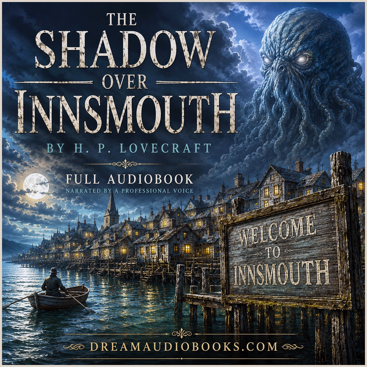 The Shadow over Innsmouth audiobook cover by H. P. Lovecraft featuring the eerie seaside town of Innsmouth beneath a giant eldritch sea creature.