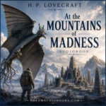 At the Mountains of Madness audiobook cover by H. P. Lovecraft featuring an Elder Thing above an ancient Antarctic city surrounded by towering snow-covered mountains.