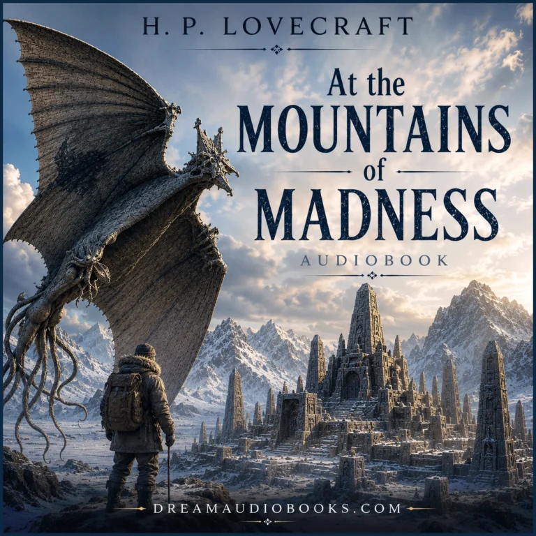 At the Mountains of Madness audiobook cover by H. P. Lovecraft featuring an Elder Thing above an ancient Antarctic city surrounded by towering snow-covered mountains.