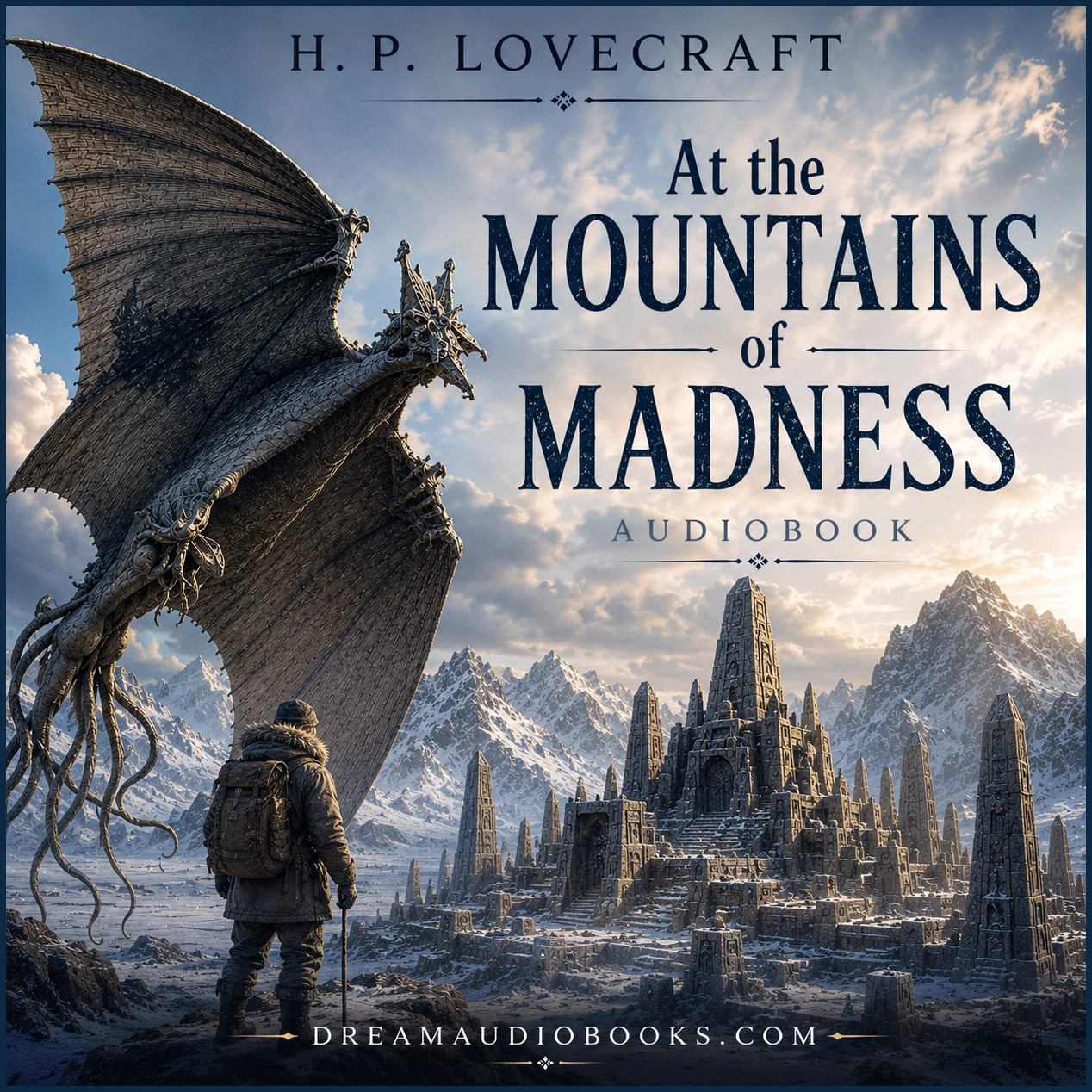 At the Mountains of Madness audiobook cover by H. P. Lovecraft featuring an Elder Thing above an ancient Antarctic city surrounded by towering snow-covered mountains.
