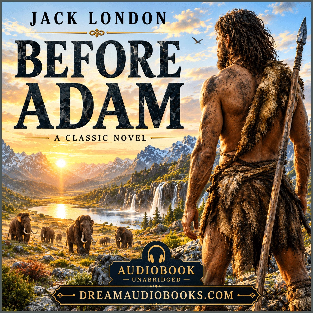 Before Adam audiobook cover by Jack London featuring a prehistoric hunter overlooking a valley with mammoths at sunrise