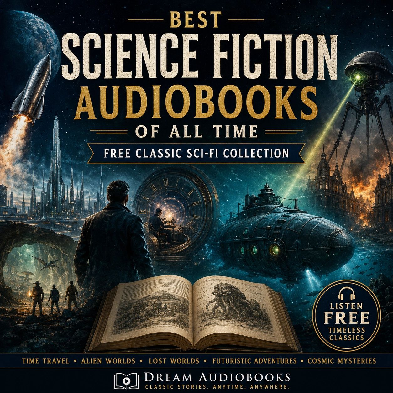 Best Science Fiction Audiobooks of All Time featuring classic sci-fi novels by H. G. Wells, Jules Verne, H. P. Lovecraft, and William Hope Hodgson