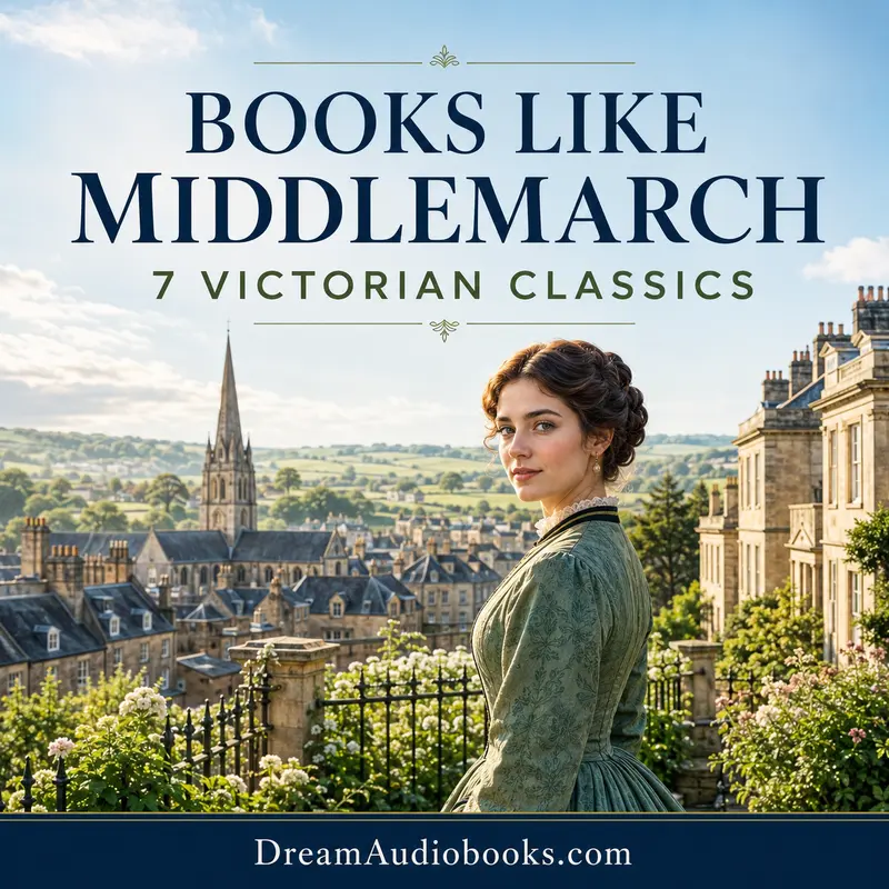 Books Like Middlemarch cover featuring a Victorian woman overlooking an English town