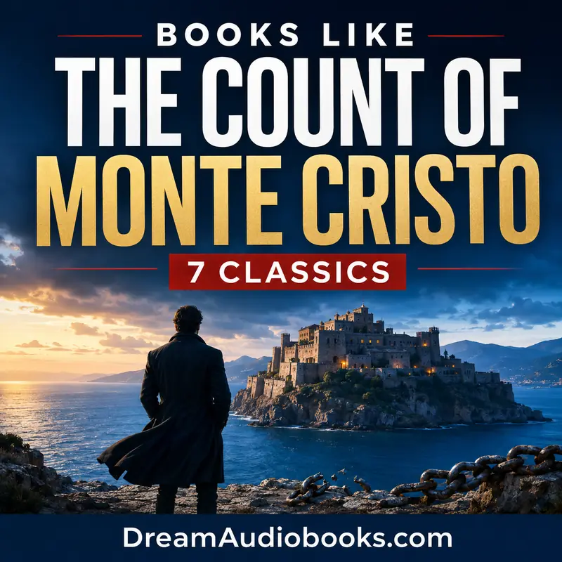 Books Like The Count of Monte Cristo cover with a Mediterranean fortress, a lone figure and broken chains