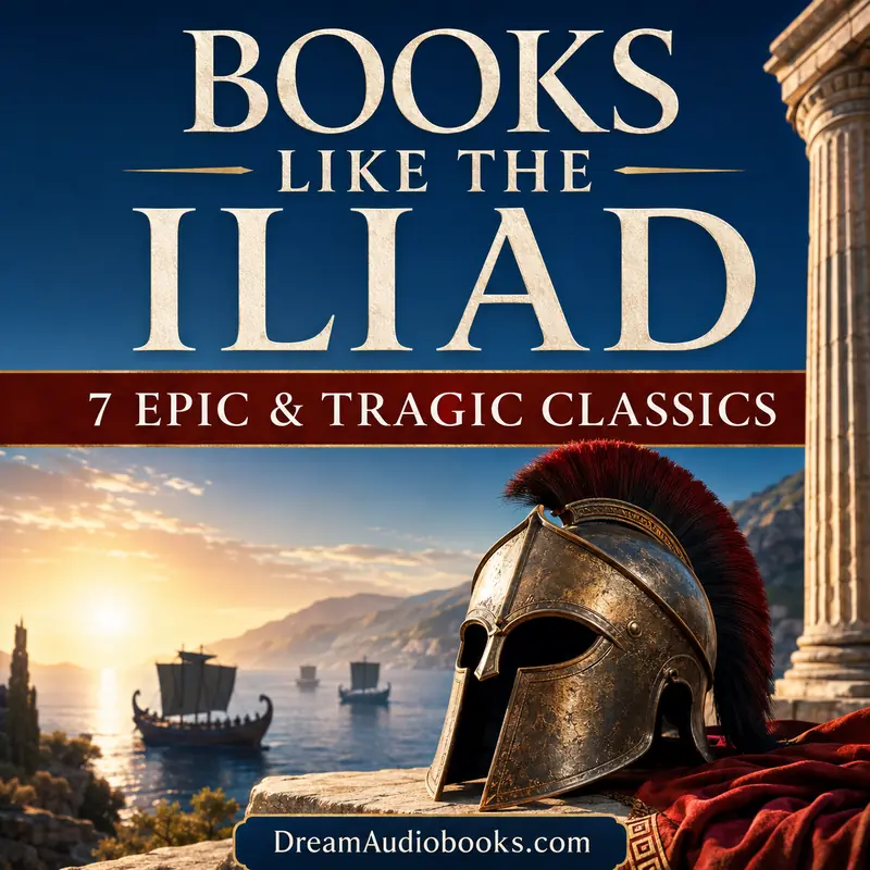 Books Like The Iliad cover with a Greek helmet, ancient ships and seven epic and tragic classics