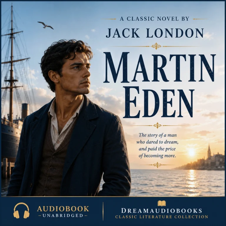 Martin Eden audiobook cover by Jack London featuring a young aspiring writer overlooking a harbor at sunset
