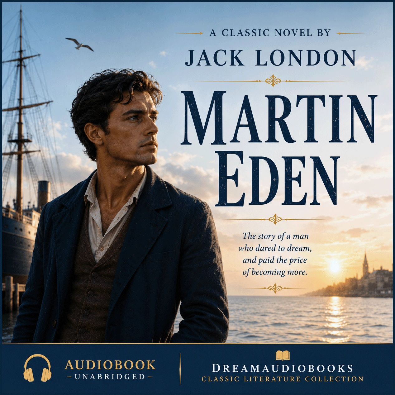 Martin Eden audiobook cover by Jack London featuring a young aspiring writer overlooking a harbor at sunset