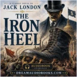 The Iron Heel audiobook cover by Jack London featuring a giant iron boot crushing an oppressed crowd in a dystopian industrial city