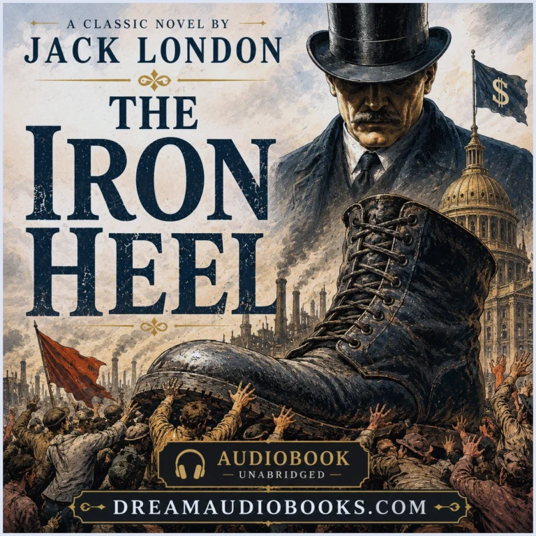 The Iron Heel audiobook cover by Jack London featuring a giant iron boot crushing an oppressed crowd in a dystopian industrial city