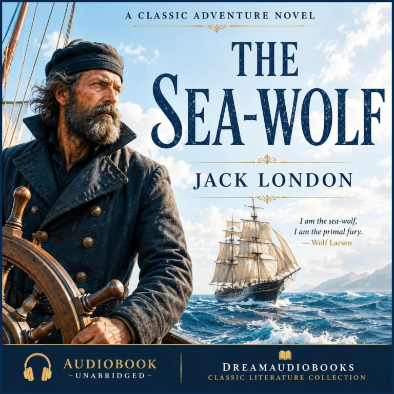 The Sea-Wolf audiobook cover by Jack London featuring Captain Wolf Larsen aboard the Ghost sailing ship on the Pacific Ocean